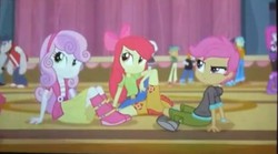Size: 720x399 | Tagged: safe, screencap, apple bloom, brawly beats, flash sentry, mystery mint, rover, scootaloo, snails, snips, sweetie belle, equestria girls, g4, my little pony equestria girls: rainbow rocks, background human, boots, cutie mark crusaders, shoes, sitting