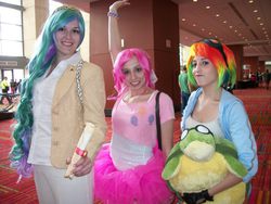 Size: 960x720 | Tagged: safe, artist:twin-cosplay, pinkie pie, princess celestia, rainbow dash, human, g4, connecticon, connecticon 2012, cosplay, irl, irl human, multicolored hair, photo, rainbow hair