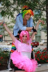 Size: 640x960 | Tagged: safe, artist:twin-cosplay, pinkie pie, rainbow dash, human, g4, clothes, cosplay, irl, irl human, photo, rainbow socks, socks, striped socks