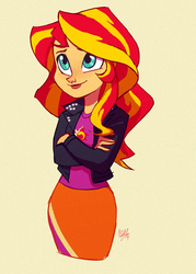Size: 500x700 | Tagged: dead source, safe, artist:rollingrabbit, sunset shimmer, equestria girls, g4, clothes, crossed arms, cute, female, jacket, leather jacket, shimmerbetes, simple background, smiling, solo, yellow background