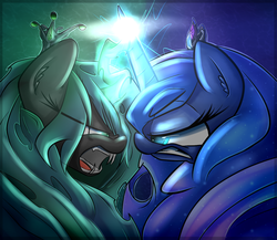 Size: 1280x1109 | Tagged: safe, artist:madacon, princess luna, queen chrysalis, alicorn, changeling, changeling queen, pony, g4, angry, crown, fangs, female, fight, jewelry, looking at you, regalia