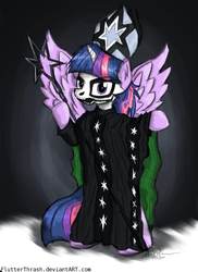 Size: 880x1210 | Tagged: safe, artist:flutterthrash, twilight sparkle, alicorn, ghost, pony, g4, female, ghost (band), ghost bc, heavy metal, mare, papa emetrius, rock (music), satanism, solo, twilight sparkle (alicorn)