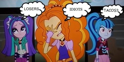 Size: 800x402 | Tagged: safe, edit, edited screencap, screencap, adagio dazzle, aria blaze, sonata dusk, equestria girls, g4, my little pony equestria girls: rainbow rocks, :|, adagio cringedazzle, airhead, eyeroll, eyes closed, facepalm, frown, in a nutshell, looking up, open mouth, sonataco, speech bubble, taco, that girl sure loves tacos, that siren sure does love tacos, the dazzlings, thought bubble, unamused, wide eyes