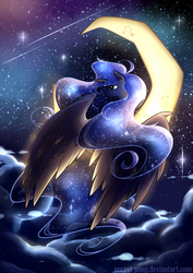 Size: 818x1157 | Tagged: safe, artist:secret-pony, princess luna, alicorn, pony, g4, cloud, crescent moon, ethereal mane, female, moon, night, solo, starry mane, starry night, tangible heavenly object, transparent moon