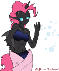 Size: 3835x4634 | Tagged: safe, artist:redapropos, pinkie pie, changeling, anthro, g4, belly button, bubble, changelingified, clothes, female, human facial structure, pinkling, solo