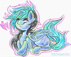 Size: 798x631 | Tagged: safe, artist:teriyakiweasel, oc, oc only, pegasus, pony, crayon, earring, female, happy, heart, piercing, smiling, solo, traditional art