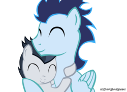 Size: 800x578 | Tagged: safe, artist:sketch-shepherd, rumble, soarin', pegasus, pony, g4, colt, duo, foal, hug, male, simple background, stallion, transparent background, vector