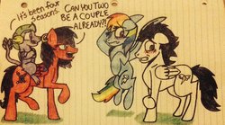 Size: 1024x569 | Tagged: safe, artist:pimpartist101, rainbow dash, soarin', oc, g4, female, lined paper, male, old cutie mark, ship:soarindash, shipper on deck, shipping, straight, traditional art