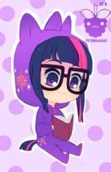 Size: 519x800 | Tagged: dead source, safe, artist:framboosi, twilight sparkle, human, g4, adorkable, book, clothes, cute, dork, female, footed sleeper, glasses, humanized, pajamas, solo