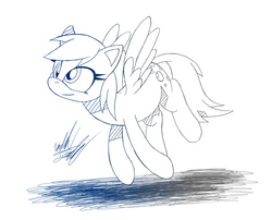 Size: 1000x808 | Tagged: safe, artist:fuzon-s, derpy hooves, pegasus, pony, g4, female, flying, gradient lineart, mare, monochrome, sketch, smiling, solo