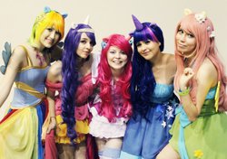 Size: 788x554 | Tagged: safe, artist:crystalwolfheart, artist:gravivanille, artist:sweetestmuffin, fluttershy, pinkie pie, rainbow dash, rarity, twilight sparkle, human, g4, cosplay, irl, irl human, photo