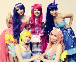 Size: 885x726 | Tagged: safe, artist:crystalwolfheart, artist:gravivanille, artist:sweetestmuffin, fluttershy, pinkie pie, rainbow dash, rarity, twilight sparkle, human, g4, cosplay, irl, irl human, photo