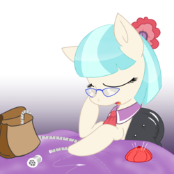 Size: 750x750 | Tagged: safe, artist:redfoxjake, coco pommel, g4, fabric, female, glasses, sewing, sitting, sleepy, solo, tired