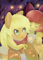 Size: 800x1131 | Tagged: safe, artist:penlink, apple bloom, applejack, firefly (insect), anthro, g4, carrying, clothes, tired
