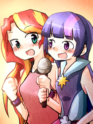Size: 600x800 | Tagged: safe, artist:gyaheung, sunset shimmer, twilight sparkle, human, equestria girls, g4, my little pony equestria girls: rainbow rocks, blushing, clothes, cute, duet, duo, human coloration, humanized, microphone, open mouth, singing