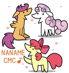 Size: 1900x2000 | Tagged: safe, artist:kushina13, artist:sechst_himmel, edit, apple bloom, scootaloo, sweetie belle, earth pony, pegasus, pony, unicorn, g4, :v, blank flank, cutie mark crusaders, female, filly, heart, music notes, naname pony, pixiv, raised hoof, simple background, sitting, spread wings, trio, white background, wings