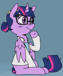 Size: 2337x2809 | Tagged: source needed, safe, artist:meowing-ghost, sci-twi, twilight sparkle, alicorn, pony, equestria girls, g4, my little pony equestria girls: rainbow rocks, clothes, equestria girls ponified, female, glasses, hair bun, high res, lab coat, mare, pencil, pencil behind ear, ponified, ponified humanized pony, sci-twilicorn, sitting, solo