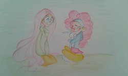 Size: 1024x614 | Tagged: safe, artist:maravva, fluttershy, pinkie pie, human, g4, clothes, humanized, sweatershy, traditional art