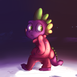 Size: 1024x1024 | Tagged: safe, artist:imsokyo, spike, dragon, daily life of spike, g4, clothes, footprint, looking back, male, pajamas, snow, solo, sweater, tumblr