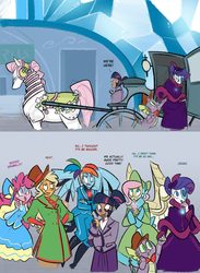 Size: 900x1230 | Tagged: safe, artist:egophiliac, applejack, flower bouquet, fluttershy, pinkie pie, rainbow dash, rarity, spike, twilight sparkle, horse, human, robot, steamquestria, g1, g4, artificial intelligence, carriage, clockwork, comic, costume porn, hat, humanized, implied sweetie bot, mane seven, mane six, mechanical horse, steampunk, top hat, winter outfit