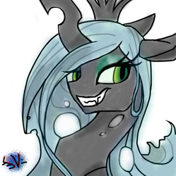 Size: 640x643 | Tagged: safe, artist:probablyfakeblonde, artist:shadowsvaporized, queen chrysalis, changeling, changeling queen, g4, bust, crown, female, jewelry, looking at you, portrait, regalia, simple background, solo, white background