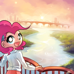 Size: 1300x1300 | Tagged: safe, artist:chch, pinkie pie, human, g4, bridge, humanized, looking back, scenery, sun, water