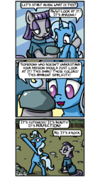 Size: 500x886 | Tagged: safe, artist:foudubulbe, maud pie, trixie, pony, unicorn, comic:damp rocks, g4, comic, female, happy, holding something, lesbian, looking at something, mare, rock, ship:mauxie, shipping, side hug, sitting