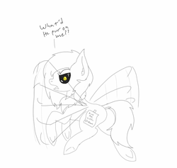 Size: 672x638 | Tagged: safe, artist:codras, oc, oc only, oc:golden corral, mothpony, original species, butt, floating, irritated, plot, sketch