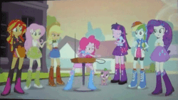 Size: 502x284 | Tagged: safe, screencap, applejack, fluttershy, pinkie pie, rainbow dash, rarity, spike, sunset shimmer, twilight sparkle, dog, equestria girls, g4, my little pony equestria girls: rainbow rocks, animated, balloon, boots, bracelet, clothes, cowboy boots, cowboy hat, hat, high heel boots, jewelry, musical instrument, skirt, spike the dog, theremin