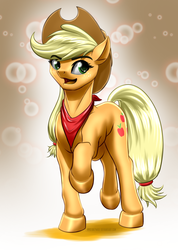 Size: 1422x2000 | Tagged: safe, artist:mykegreywolf, applejack, g4, .psd available, brown background, bubble, female, gradient background, neckerchief, solo