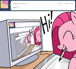 Size: 637x580 | Tagged: safe, artist:frankier77, pinkie pie, scootaloo, ask pinkamena diane pie, g4, ask, computer, cute, cuteamena, eyes closed, mouth hold, pinkamena diane pie, recursion, tumblr