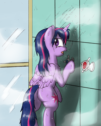 Size: 944x1178 | Tagged: safe, artist:i am nude, twilight sparkle, alicorn, pony, g4, bipedal, bipedal leaning, butt, female, frown, leaning, looking back, mare, plot, shower, solo, twilight sparkle (alicorn), wet mane