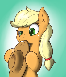 Size: 641x750 | Tagged: source needed, useless source url, safe, artist:i am nude, applejack, earth pony, pony, g4, biting, cowboy hat, female, hat, silly, silly pony, solo, stetson, who's a silly pony