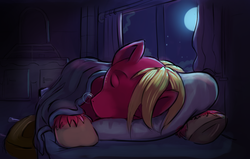 Size: 1280x814 | Tagged: dead source, safe, artist:gsphere, big macintosh, earth pony, pony, g4, bed, bedroom, blanket, cute, dresser, macabetes, male, moon, night, pillow, sleeping, sleeping macintosh daily, snot bubble, solo, stallion
