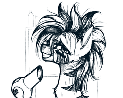 Size: 1500x1200 | Tagged: safe, artist:madhotaru, zecora, zebra, g4, alternate hairstyle, female, fluffy, grin, hair dryer, looking at you, messy mane, monochrome, portrait, smiling, solo