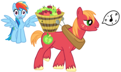 Size: 580x345 | Tagged: safe, artist:karmadash, big macintosh, rainbow dash, earth pony, pony, g4, eyes on the prize, ladyboner, male, nosebleed, ship:rainbowmac, shipping, stallion, straight, sweat