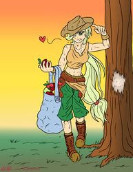 Size: 5060x6543 | Tagged: safe, artist:redapropos, applejack, human, g4, absurd resolution, apple, bag, bucky mcgillicutty, female, heart, humanized, kicks mcgee, solo, tree