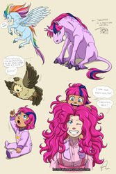 Size: 794x1190 | Tagged: safe, artist:hazurasinner, owlowiscious, pinkie pie, oc, oc:starchaser, oc:windy belle, classical unicorn, human, g4, grin, horn, humanized, leonine tail, magical lesbian spawn, messy mane, offspring, open mouth, parent:fluttershy, parent:pinkie pie, parent:rainbow dash, parent:twilight sparkle, parents:flutterdash, parents:twinkie, sitting, smiling, spread wings, wink