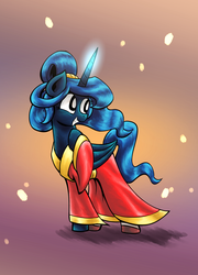 Size: 1080x1500 | Tagged: safe, artist:lovelyneckbeard, princess luna, g4, clothes, female, glowing horn, horn, kimono (clothing), petals, raised hoof, smiling, solo, tumblr