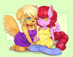 Size: 1009x792 | Tagged: safe, artist:cluestripes, oc, oc only, oc:sweetcake, pegasus, anthro, plantigrade anthro, anthro oc, barefoot, bedroom eyes, chibi, clothes, collar, cute, feet, furry, kneeling, looking at you, non-mlp oc, open mouth, smiling, socks, thigh highs, wink
