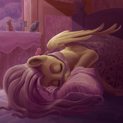 Size: 1500x1500 | Tagged: safe, artist:gor1ck, fluttershy, bird, butterfly, pegasus, pony, g4, bed, blanket, comfy, cute, detailed, eyes closed, female, mare, pillow, shyabetes, sleeping, solo, wings
