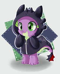 Size: 620x758 | Tagged: safe, artist:hikariviny, spike, dragon, night fury, g4, baby, baby dragon, clothes, costume, cute, dreamworks, fangs, green eyes, hoodie, how to train your dragon, jacket, male, signature, solo, spikabetes, toothless the dragon, weapons-grade cute, zipper