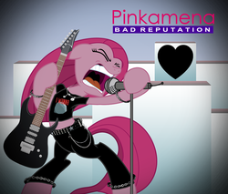 Size: 1440x1224 | Tagged: safe, artist:greenmachine987, pinkie pie, tom, earth pony, pony, g4, album cover, belt, bipedal, chains, clothes, electric guitar, female, guitar, heart, joan jett, microphone, musical instrument, pants, parody, pinkamena diane pie, ponified, ponified album cover, rock (music), solo