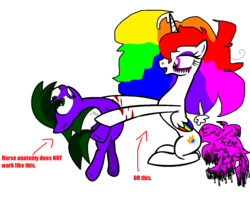 Size: 1218x960 | Tagged: safe, artist:atalonbyanyothername, oc, oc only, oc:felicia sexopants, oc:lightning rocker, alicorn, pony, alicorn oc, bad anatomy, base used, donut steel, emo, eyeshadow, holding a pony, makeup, parody, rainbow hair, scar, scene kid, self harm, self harm scars, shitposting, stylistic suck