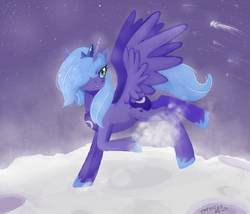 Size: 700x600 | Tagged: safe, artist:papercell, princess luna, alicorn, pony, g4, female, jewelry, regalia, running, s1 luna, solo, spread wings, wings