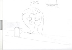 Size: 7392x5148 | Tagged: safe, artist:barryfrommars, fluttershy, absurd resolution, coffee, counter, monochrome, mug, sign, sketch, traditional art