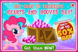 Size: 838x556 | Tagged: safe, gameloft, pinkie pie, earth pony, pony, g4, crate, female, gem, hearts and hooves day, promotion, solo