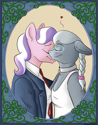 Size: 500x635 | Tagged: safe, artist:dunnowhattowrite, diamond tiara, silver spoon, anthro, g4, business suit, clothes, commission, female, lesbian, ship:silvertiara, shipping, suit