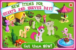 Size: 838x556 | Tagged: safe, gameloft, apple cobbler, crescent pony, dance fever, lovestruck, mane moon, g4, 2013, advertisement, apple family member, game screencap, hearts and hooves day