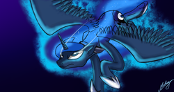 Size: 1366x728 | Tagged: safe, artist:xxmarkingxx, princess luna, g4, female, flying, frown, solo